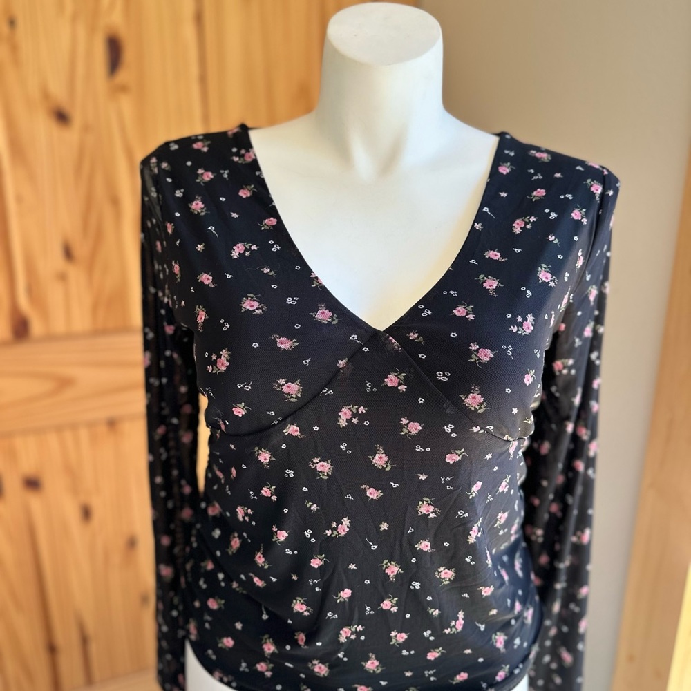Floral Black V-Neck Women's Top